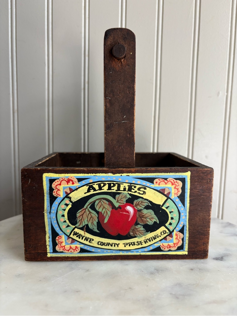 Rustic Hand-Painted Small Wooden Apple Crate w/Handle Dark Brown Farmhouse Fruit
